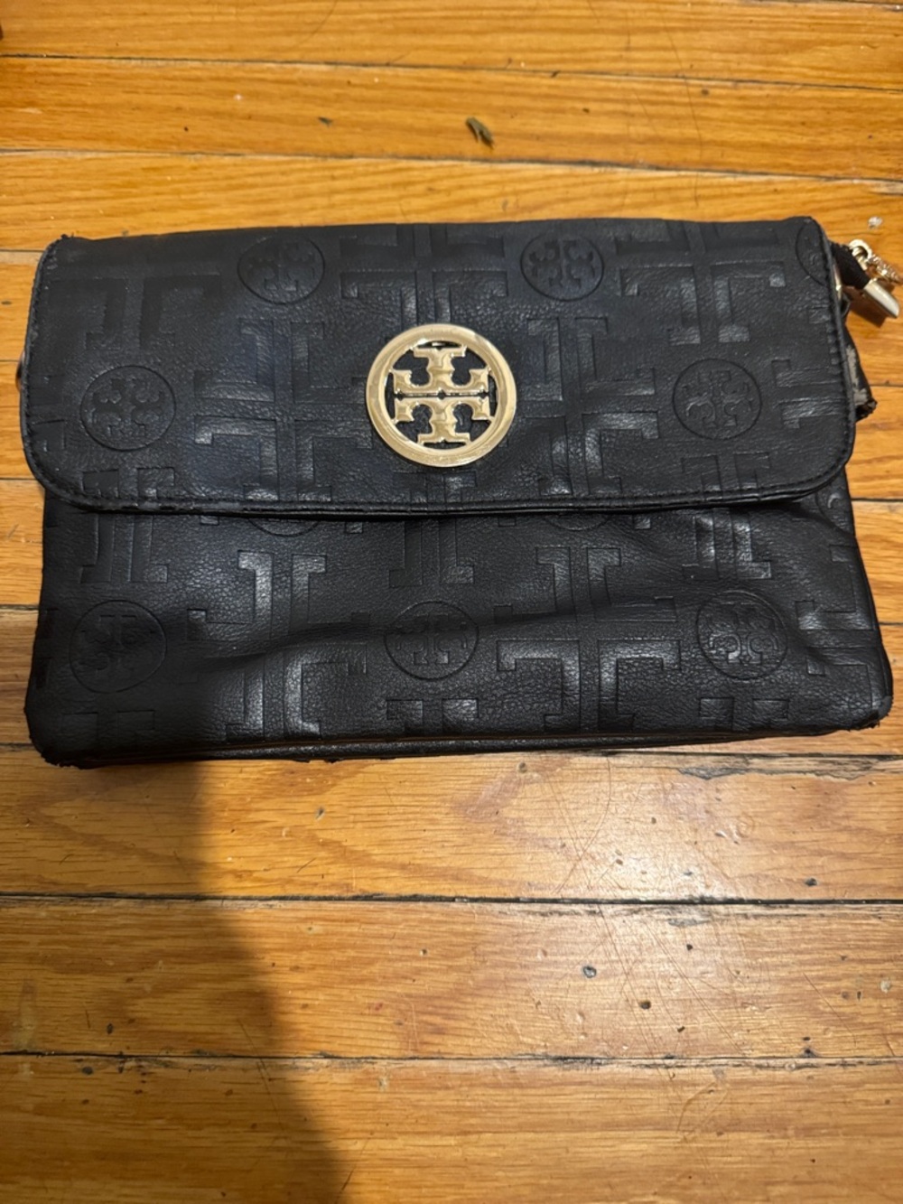 Tory Burch Black Leather Logo Wristlet with Gold Medallion